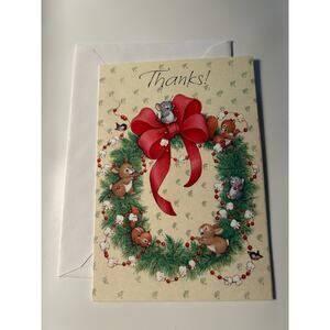Unused Vintage Hallmark Christmas Thank You Card Wreath Bunnies